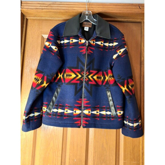Vinta Pendleton Originals Southwestern Aztec Wool Jacket Leather Collar S Unisex - Picture 1 of 8